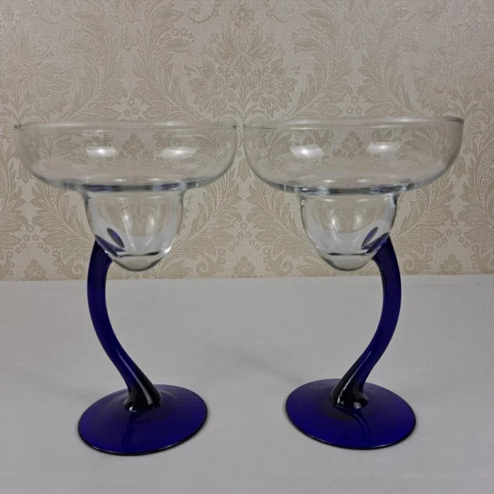 Libbey Bravura Swerve Margarita Glasses Set of 2 Cobalt & Clear Vintage